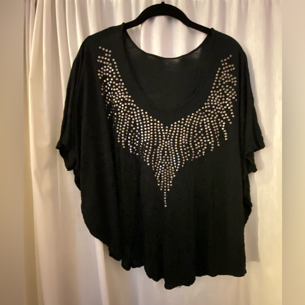 Black Cape Style Tee Shirt with Silver Metal Circle Embellishment